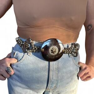 corded belt with silver circular medallions and clips